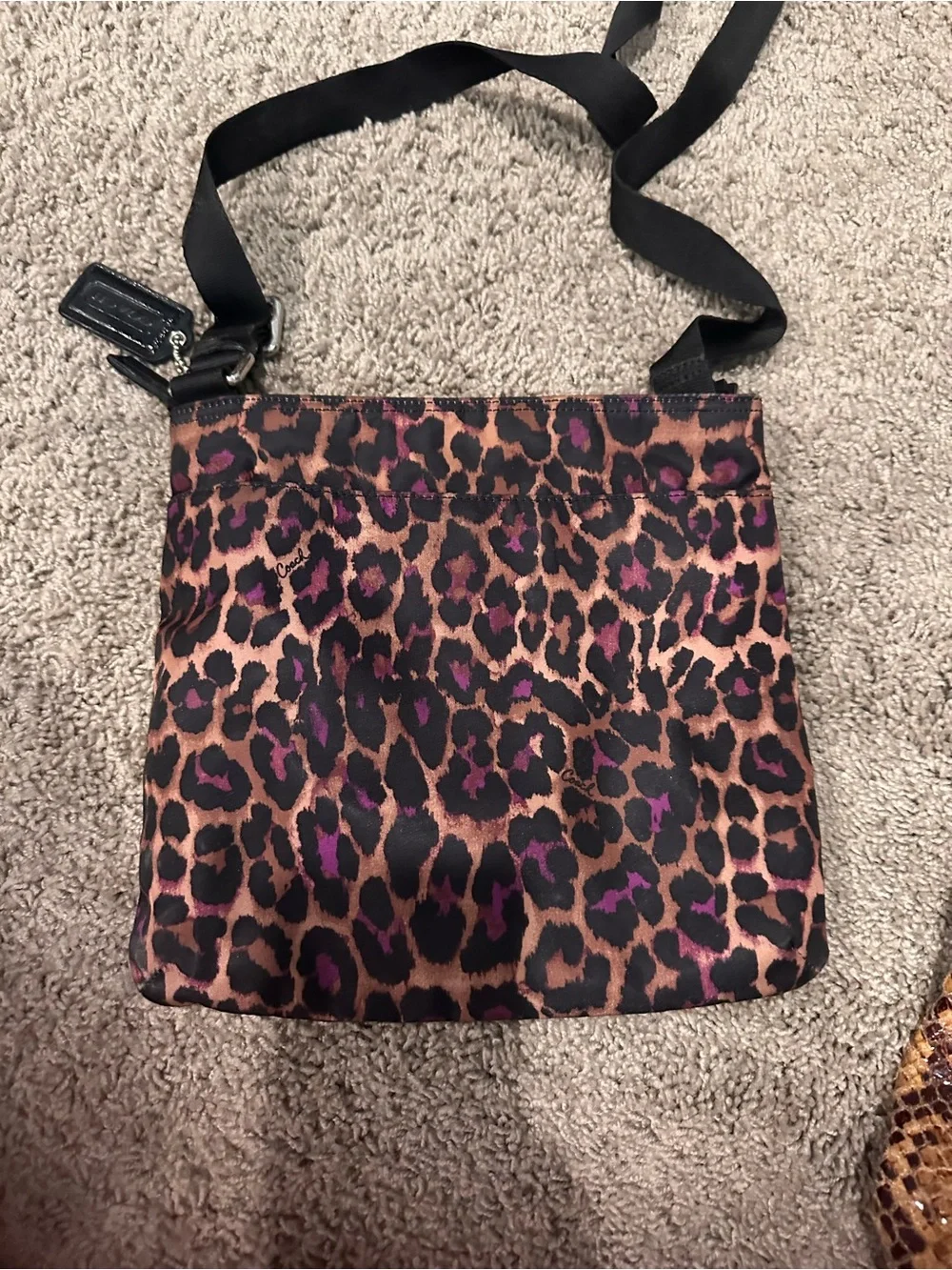 Coach Leopard-Print Crossbody Bag in Brown and Purple with Black Strap